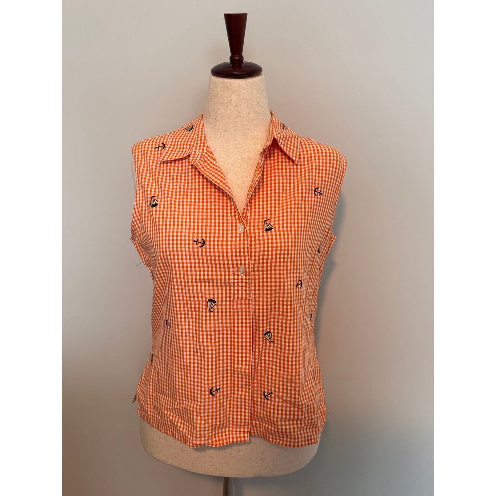 MOUNTAIN LAKE | Sleeveless Shirt Womens M Orange Gingham Nautical Anchor Shirt